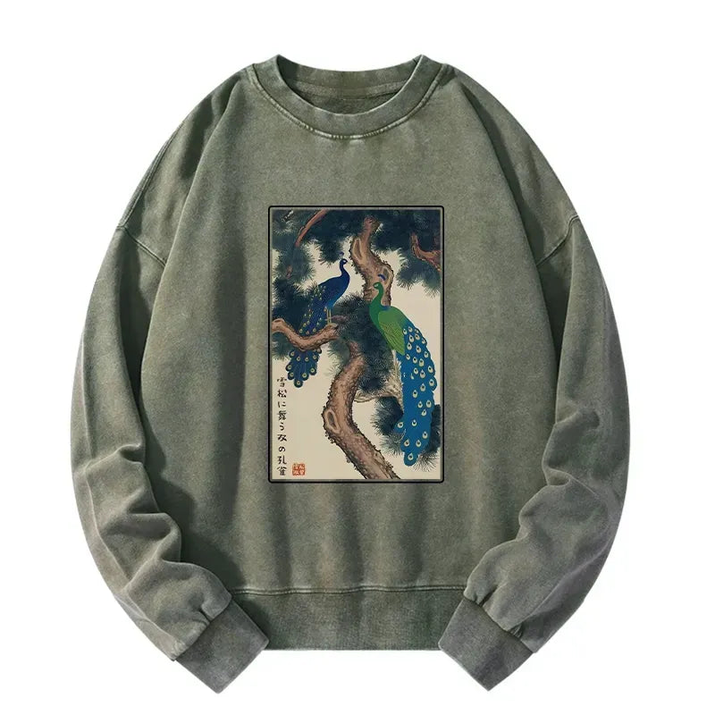 Kyoto-Lion Peacocks in Snowy Pines Washed Sweatshirt