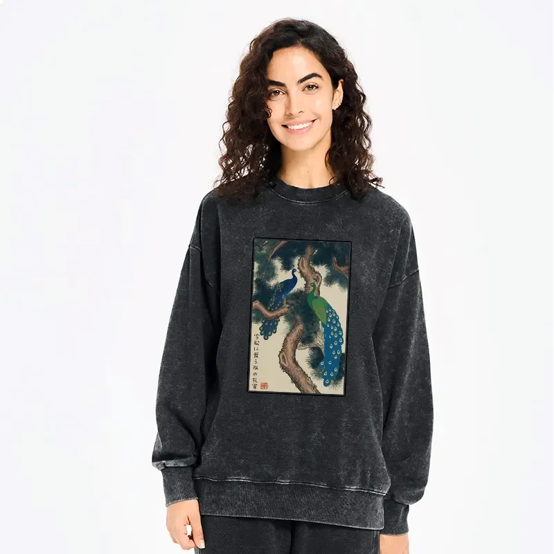 Kyoto-Lion Peacocks in Snowy Pines Washed Sweatshirt