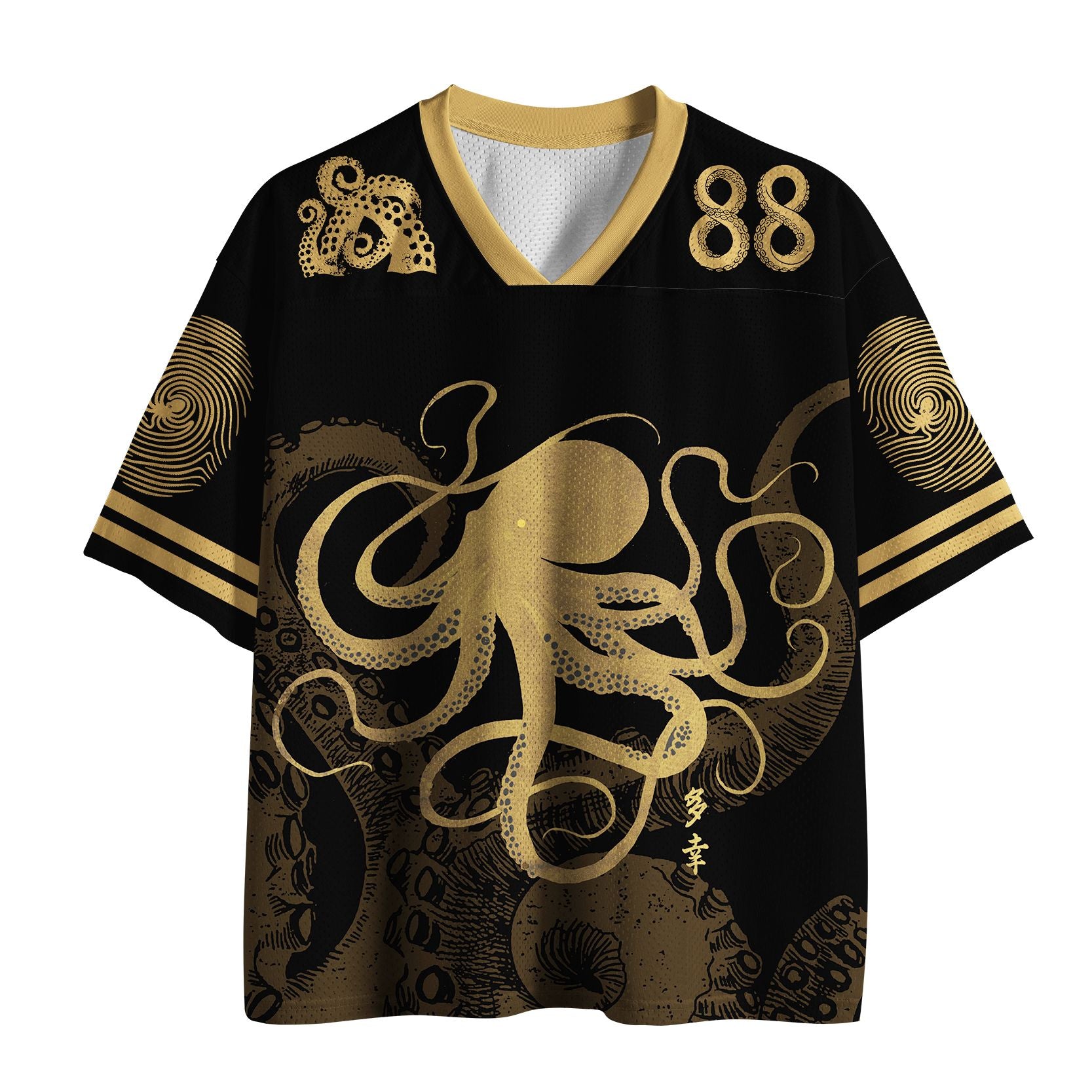Kyoto-Lion Octopus Japanese Gold Print Tattoo Mesh Jersey