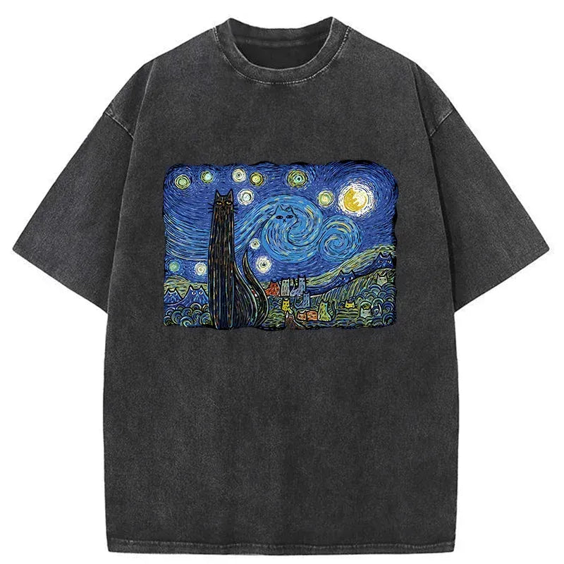 Kyoto-Lion Cat Under The Starry Night Washed T-Shirt