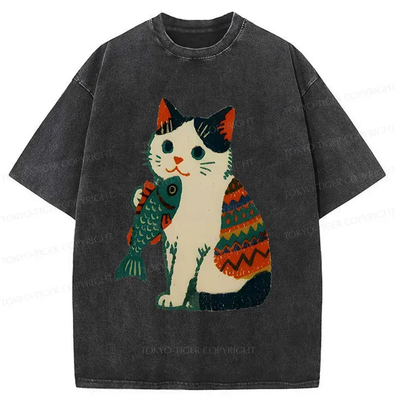 Washed Unisex Cat Tee for Gift for Him