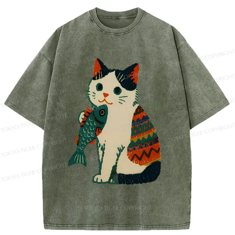 Japanese Retro Washed Cat T-Shirt for Daily Wear