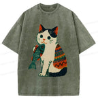 Japanese Retro Washed Cat T-Shirt for Daily Wear