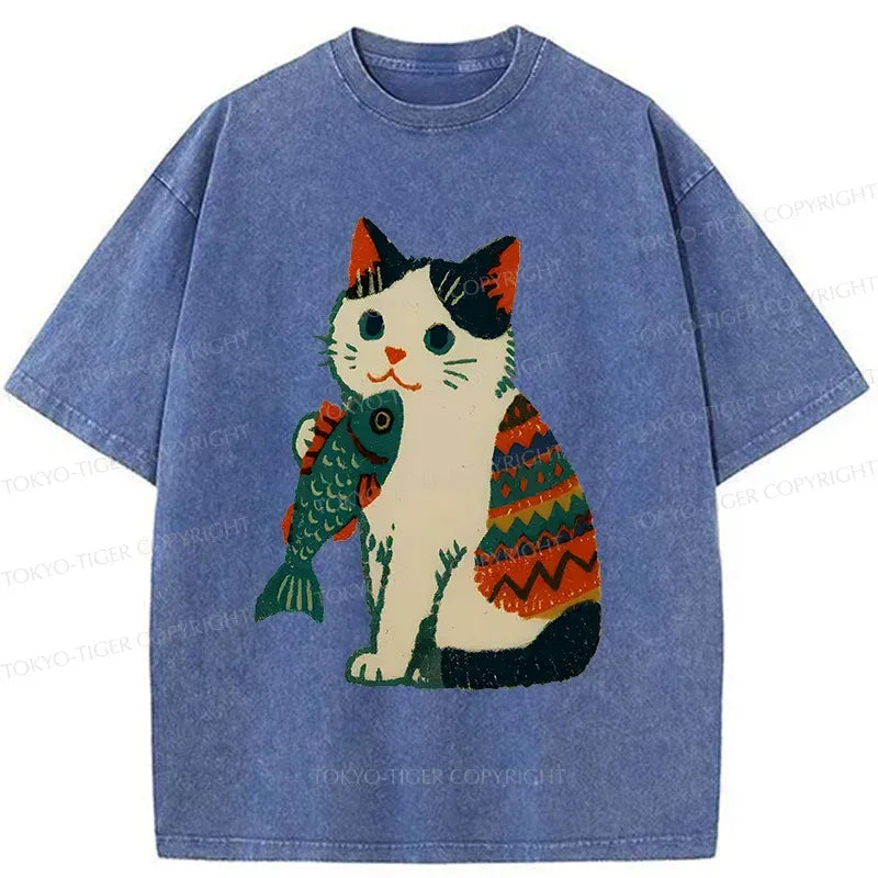 Kyoto-Lion Retro Kitten Catching Fish Washed T-Shirt