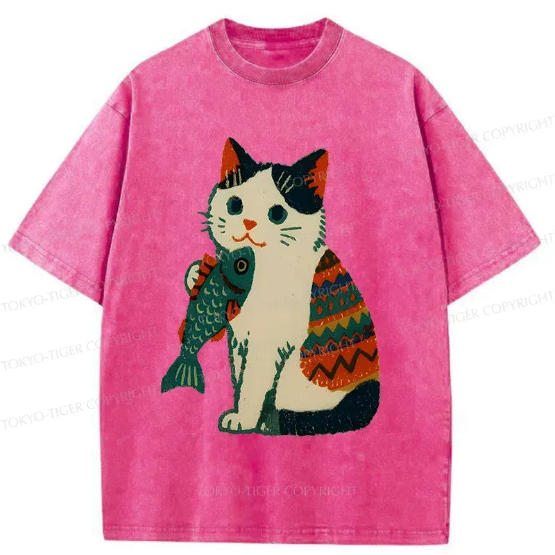 Kyoto-Lion Retro Kitten Catching Fish Washed T-Shirt