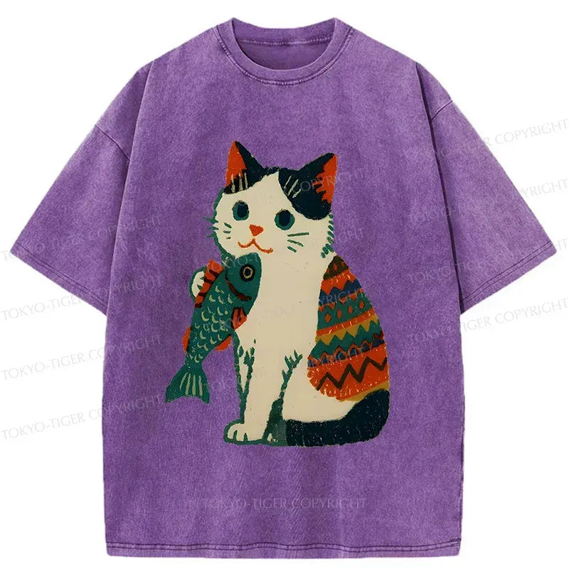 Japanese Retro Washed Cat T-Shirt for Daily Wear