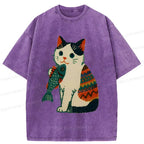 Japanese Retro Washed Cat T-Shirt for Daily Wear