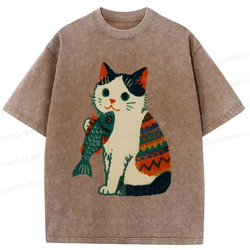 Washed Unisex Cat Tee for Gift for Him