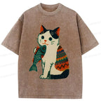 Washed Unisex Cat Tee for Gift for Him