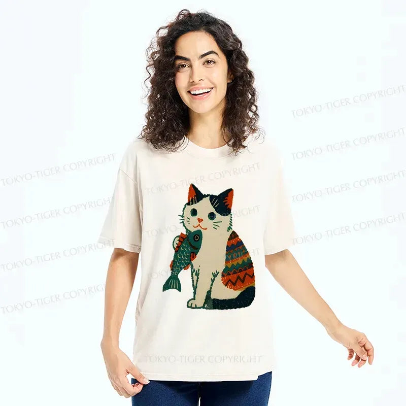 Japanese Retro Washed Cat T-Shirt for Daily Wear