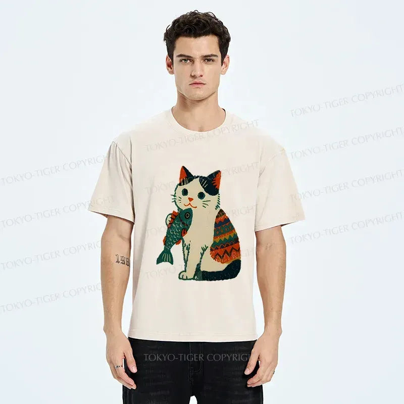 Washed Unisex Cat Tee for Gift for Him