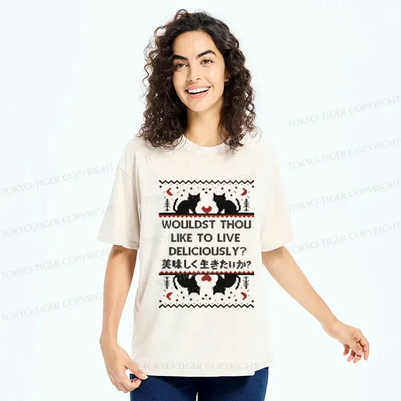 Kyoto-Lion Funny Cat Wouldst Thou like To live Deliciously Washed T-Shirt