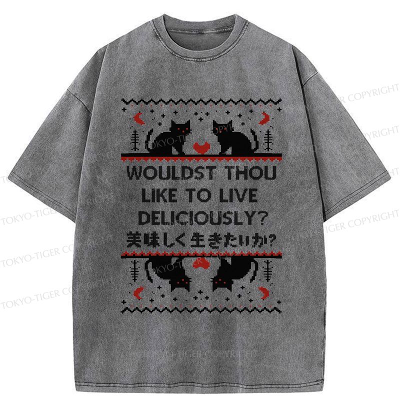 Kyoto-Lion Funny Cat Wouldst Thou like To live Deliciously Washed T-Shirt
