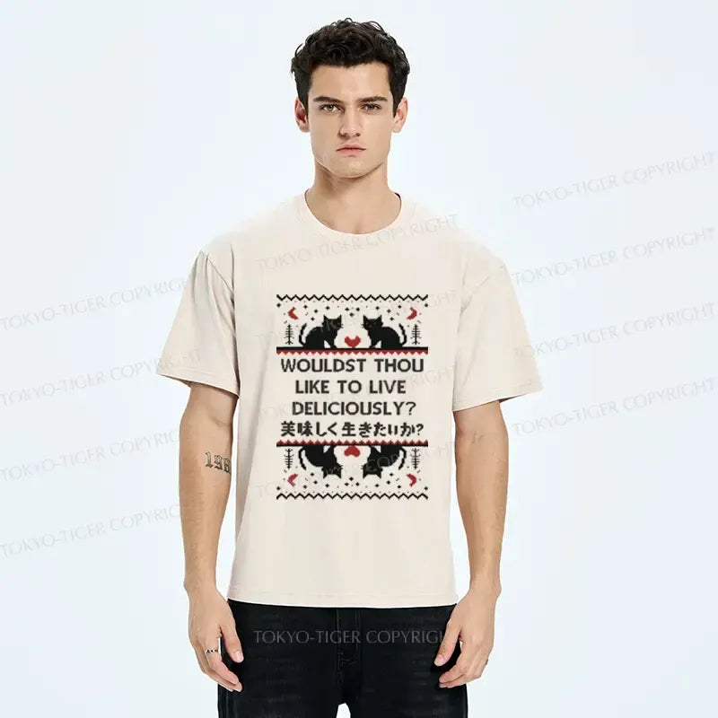Kyoto-Lion Funny Cat Wouldst Thou like To live Deliciously Washed T-Shirt
