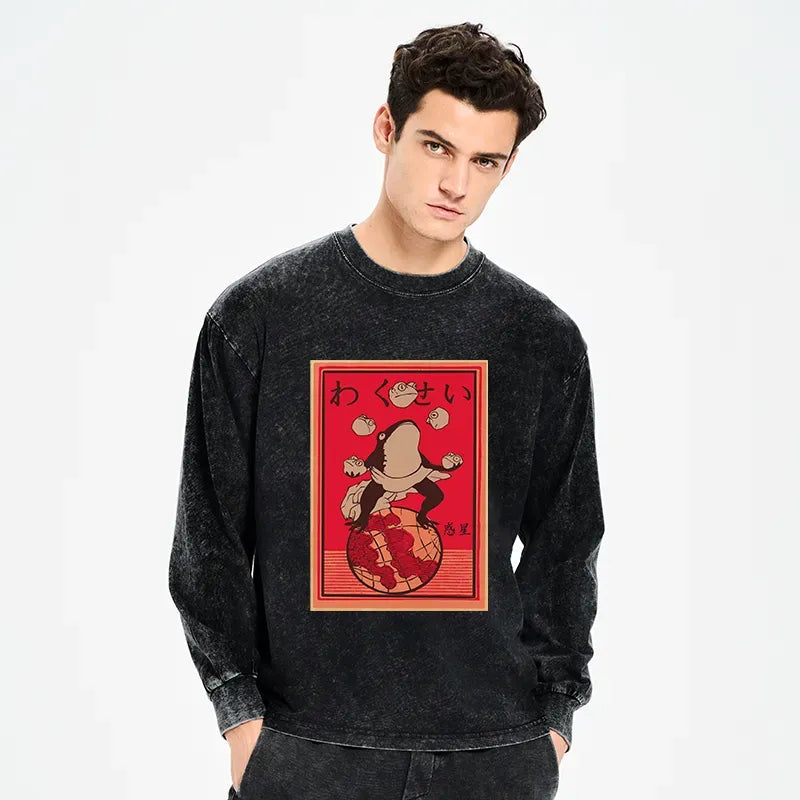 Kyoto-Lion Wakusei Frog Funny Washed Long Sleeve T-Shirt