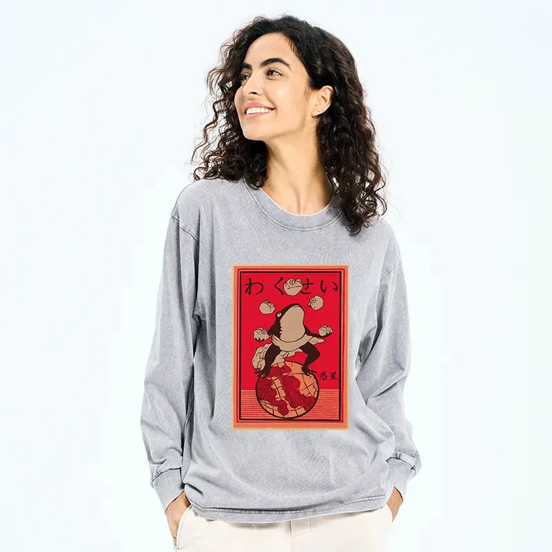Kyoto-Lion Wakusei Frog Funny Washed Long Sleeve T-Shirt