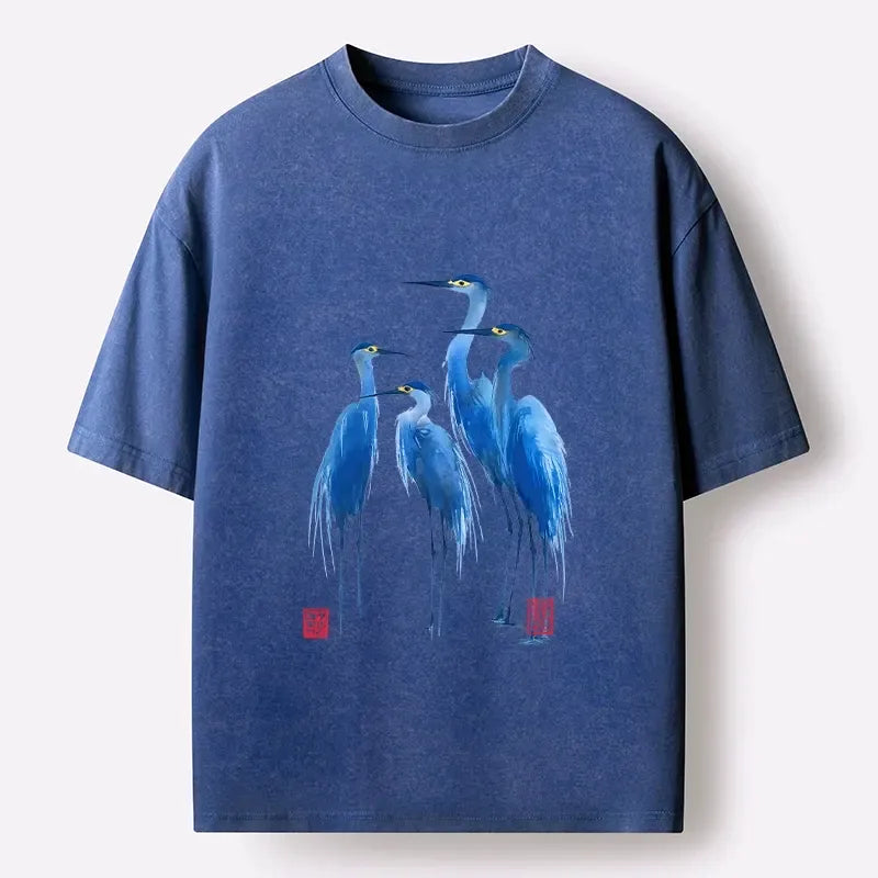 Kyoto-Lion Flocks Of Great Blue Herons Washed T-Shirt