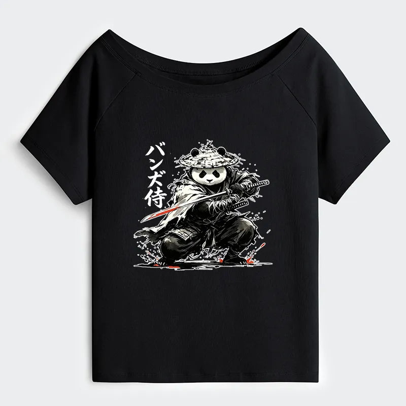 Kyoto-Lion Panda Samurai Warrior Off Shoulder T-Shirt