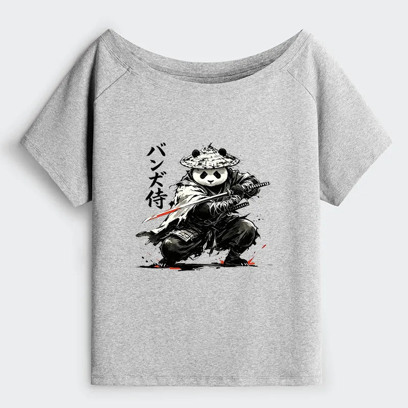 Kyoto-Lion Panda Samurai Warrior Off Shoulder T-Shirt