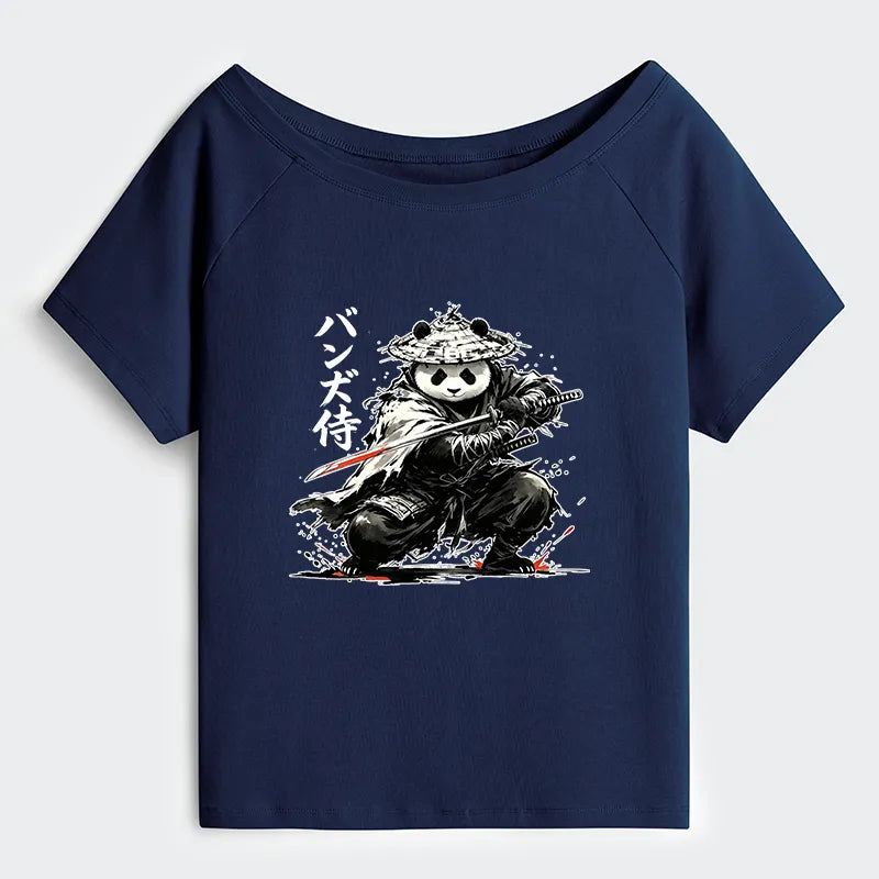 Kyoto-Lion Panda Samurai Warrior Off Shoulder T-Shirt