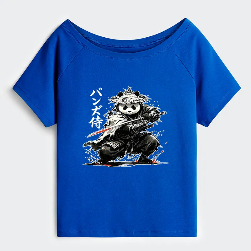 Kyoto-Lion Panda Samurai Warrior Off Shoulder T-Shirt