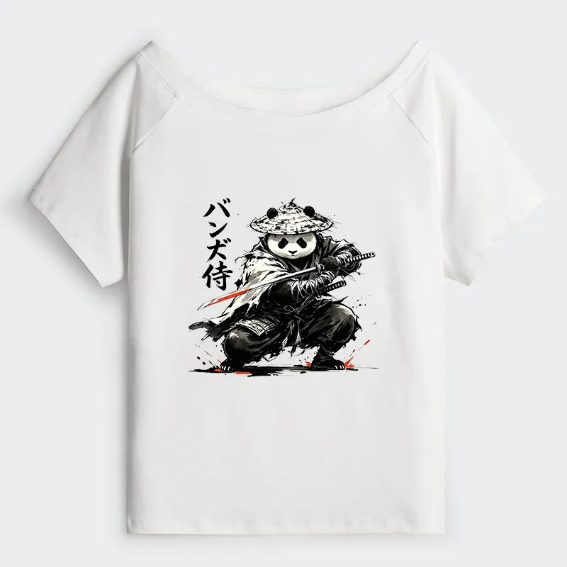 Kyoto-Lion Panda Samurai Warrior Off Shoulder T-Shirt
