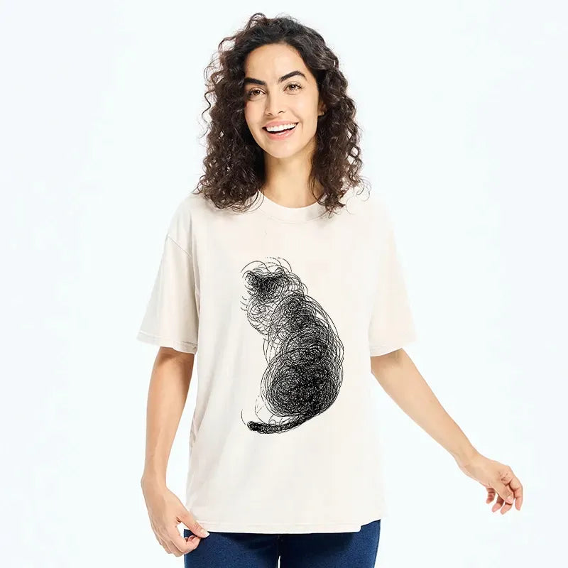 Kyoto-Lion Chaotic Line Art Of A Curled Cat Washed T-Shirt