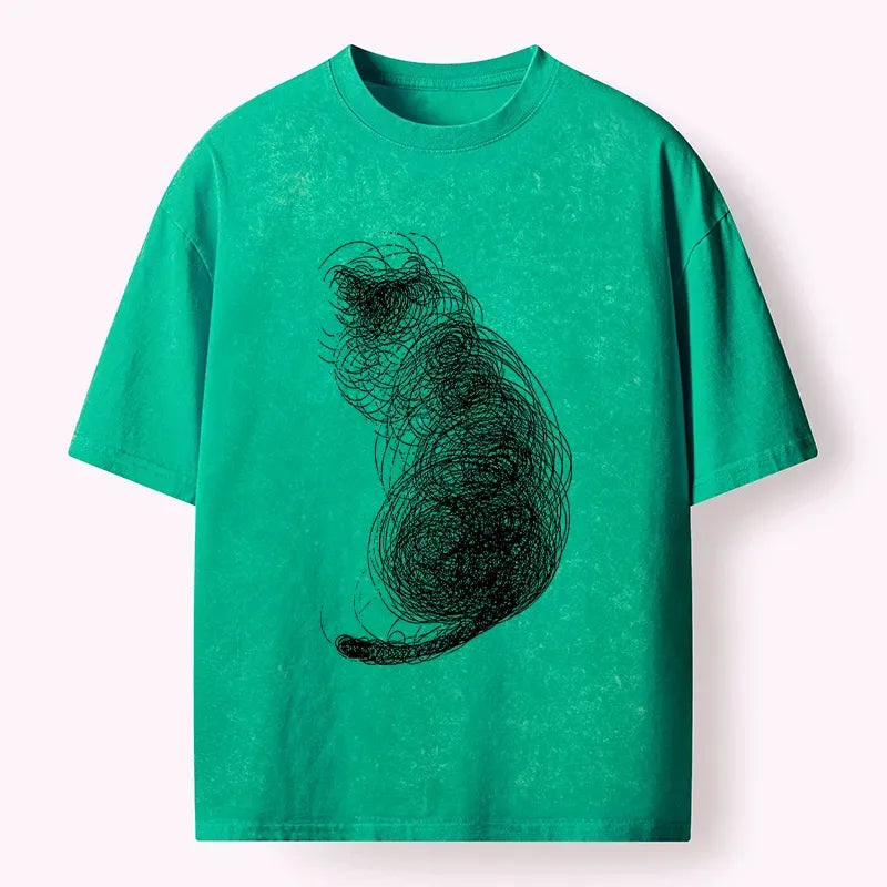 Kyoto-Lion Chaotic Line Art Of A Curled Cat Washed T-Shirt