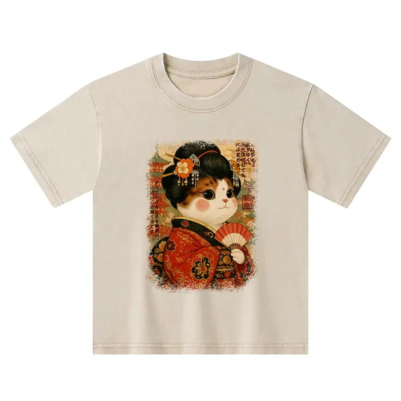 Kyoto-Lion Ukiyoe Japanese Cat Princess Kids Washed T-Shirt