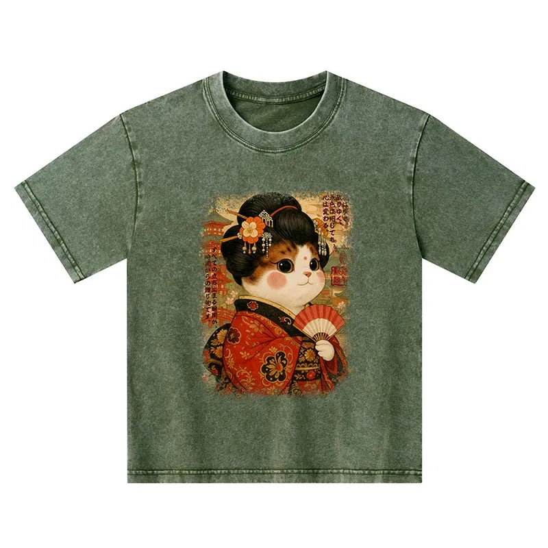 Kyoto-Lion Ukiyoe Japanese Cat Princess Kids Washed T-Shirt