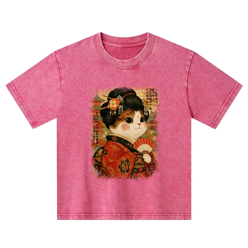 Kyoto-Lion Ukiyoe Japanese Cat Princess Kids Washed T-Shirt