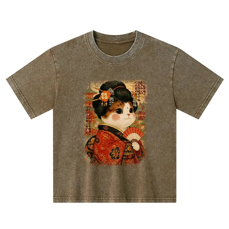 Kyoto-Lion Ukiyoe Japanese Cat Princess Kids Washed T-Shirt