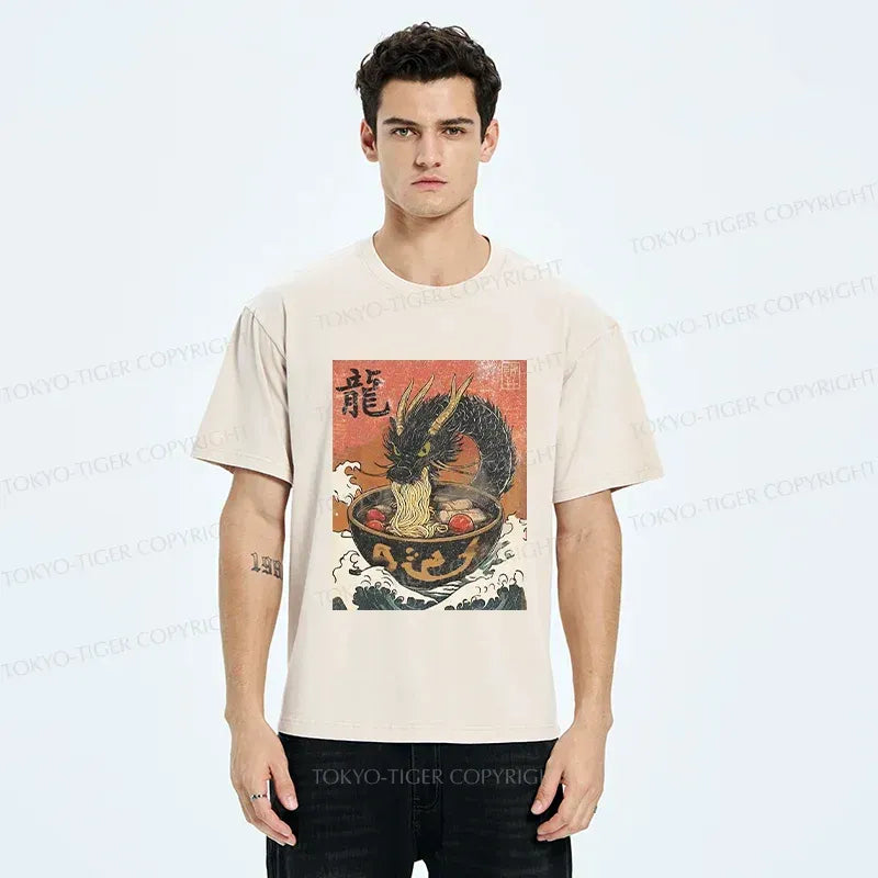 Kyoto-Lion Dragon Eating Delicious Ramen Washed T-Shirt