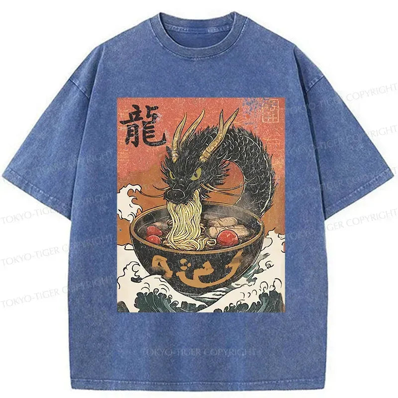 Kyoto-Lion Dragon Eating Delicious Ramen Washed T-Shirt