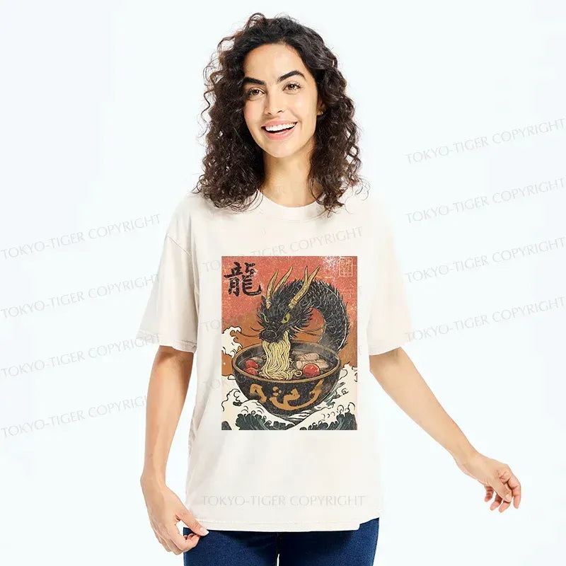 Kyoto-Lion Dragon Eating Delicious Ramen Washed T-Shirt