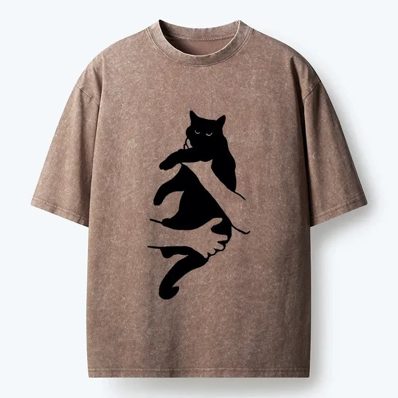 Kyoto-Lion Funny Meme Abstract Cat Silhouette Washed T-Shirt