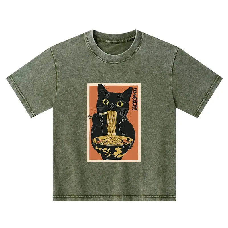 Kyoto-Lion Black Cat Eats Japan Ramen Kids Washed T-Shirt