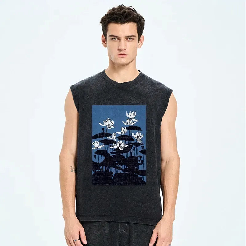 Kyoto-Lion Blue Lotus Japanese Art Washed Tank