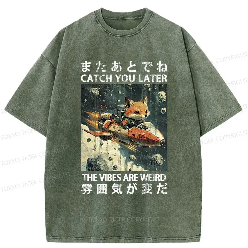 Japanese Fox Astronaut Washed T-Shirt
