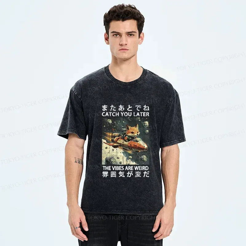 Japanese Fox Astronaut Washed T-Shirt