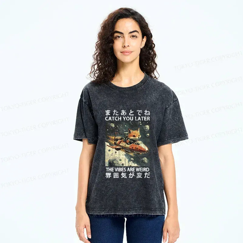 Japanese Fox Astronaut Washed T-Shirt