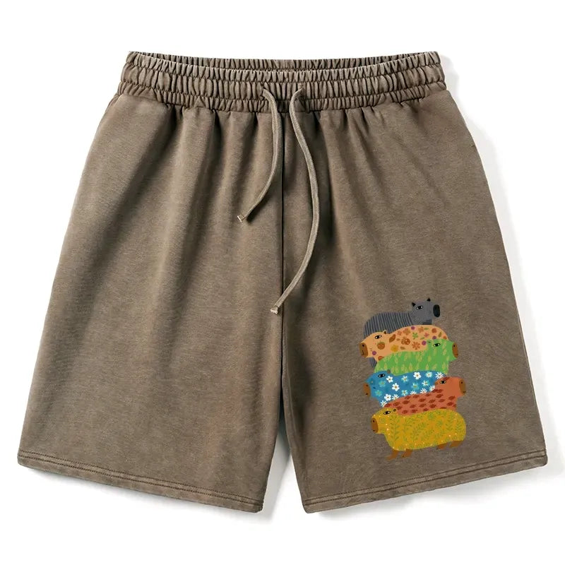 Kyoto-Lion Colorful Capybaras Washed Shorts