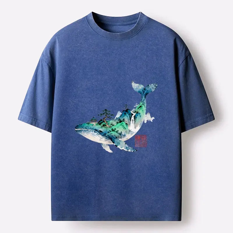 Kyoto-Lion Whale Ink Painting Landscape Washed T-Shirt