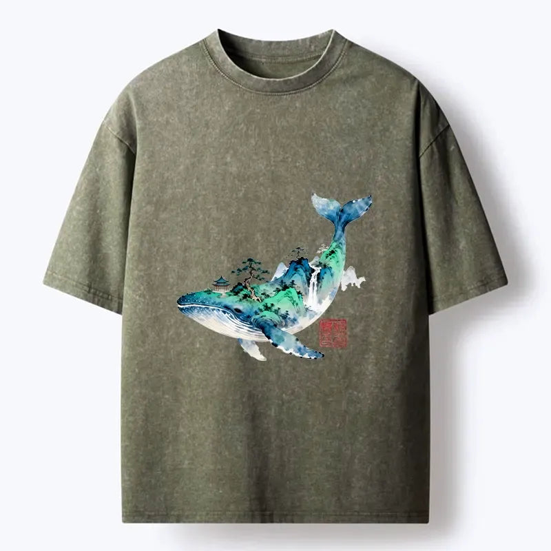 Kyoto-Lion Whale Ink Painting Landscape Washed T-Shirt