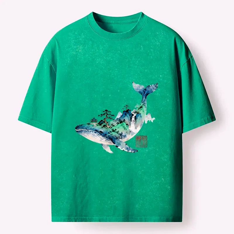 Kyoto-Lion Whale Ink Painting Landscape Washed T-Shirt