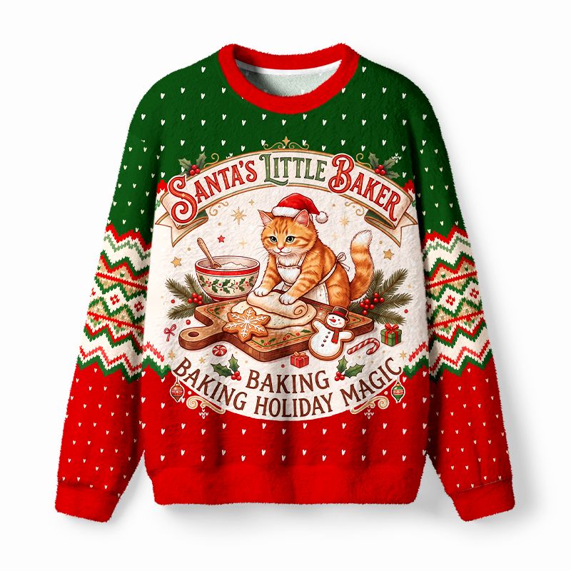 Kyoto-Lion Santa's Little Baker Cat Fuzzy Christmas Ugly Sweatshirt