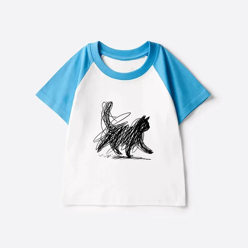 Minimalist Cat Art Kids T-shirt with Japanese Style