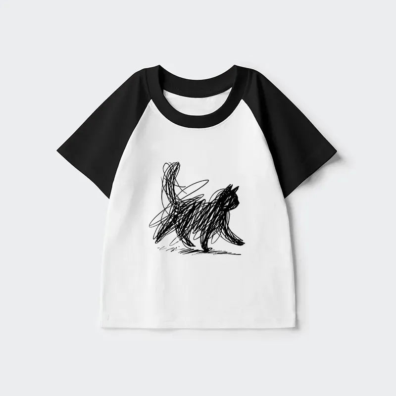 Japanese Cat Art Raglan for Kids Daily Wear