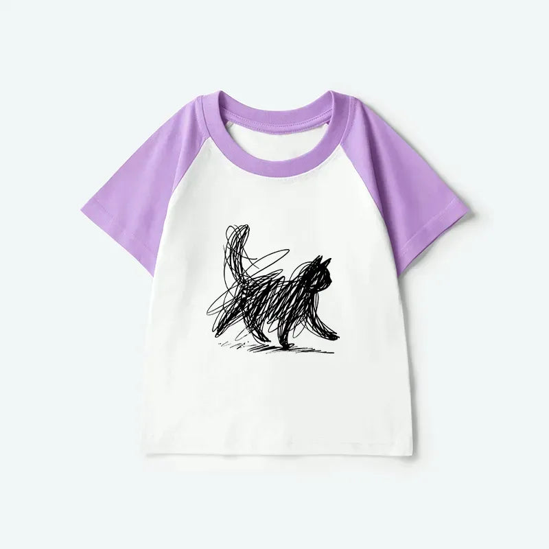 Minimalist Cat Art Kids T-shirt with Japanese Style