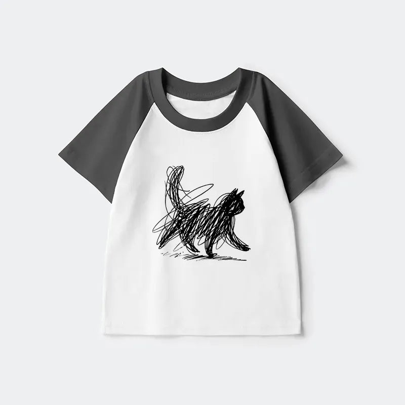 Minimalist Cat Art Kids T-shirt with Japanese Style